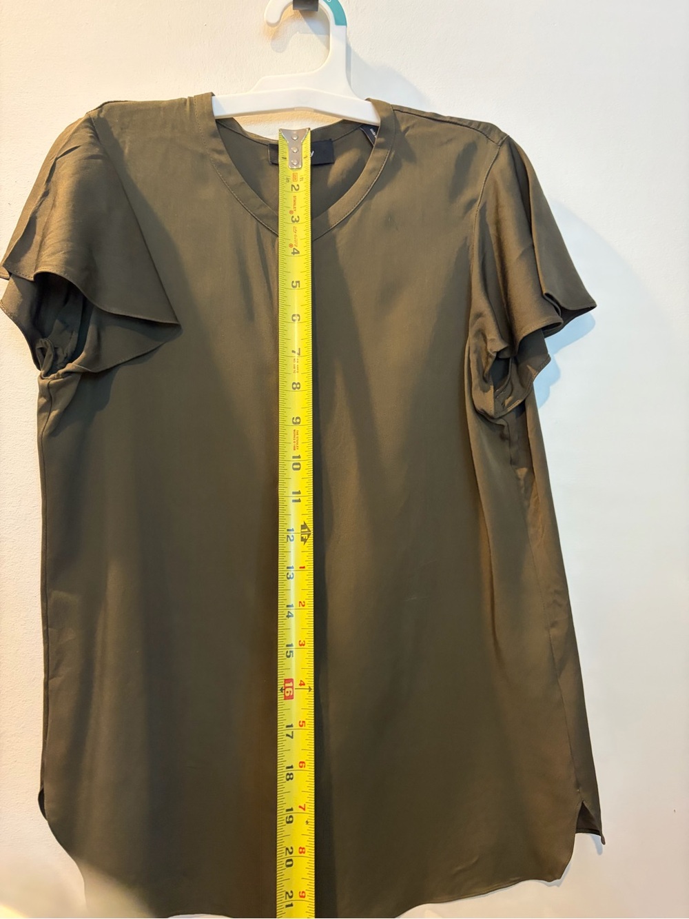 Theory Silk Ruffle Sleeve Top in Dark Olive (P)